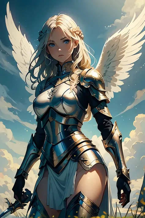 ( young female angel in armor :1.2)、(  Valkyrie  )、 ( Holding a spear )、(whole body)、 portrait，   detailed face,   detailed skin,   beautiful hair、 floating in the sky、Standing on the Clouds、Mysterious Light、 Klimt Style 、Ink Art, Fibonacci,  (  top qualit...