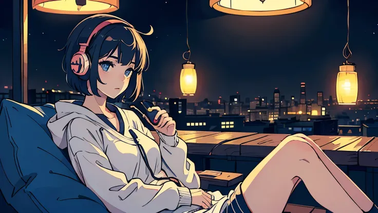 Lofi , girl, illust , Japanese  , headphone, bold color scheme , short hair, stylish, night, relaxing , no kanji , no text