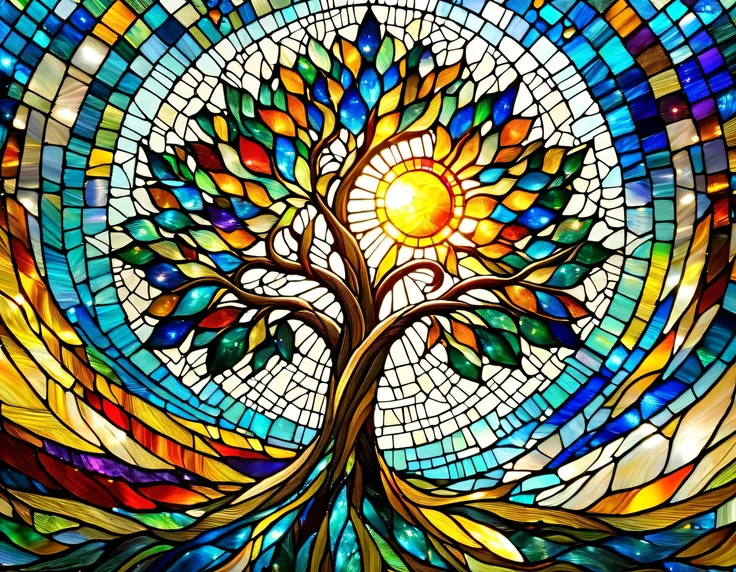   inspired by David Small 。 colorful background and close-up of a tree with the sun, mosaic  ,  trending on pixabay , Metaphysical Painting,  stained glass art, colorful mosaic , Exquisite oil painting ,  cubist painting of wood ,   extremely complex and c...