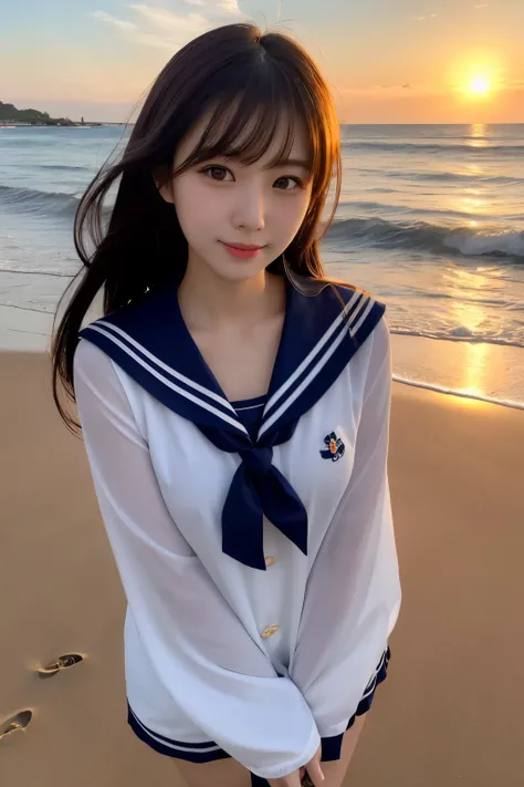  Japanese woman like an idol , long hair , straight hair, Round face , bust up ,  sailor suit ,  as shown in the picture , Golden sand beach at sunset 