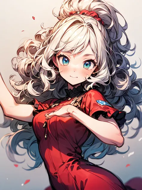 (looking away),Alone,16years old,upperbody,cute face,(blode Frizzy curly hair),Swedish,crimson red flared dress,dancing pose:1.2,fun,best quality, top quality, best quality, (manga style),(sketch),(illustration)