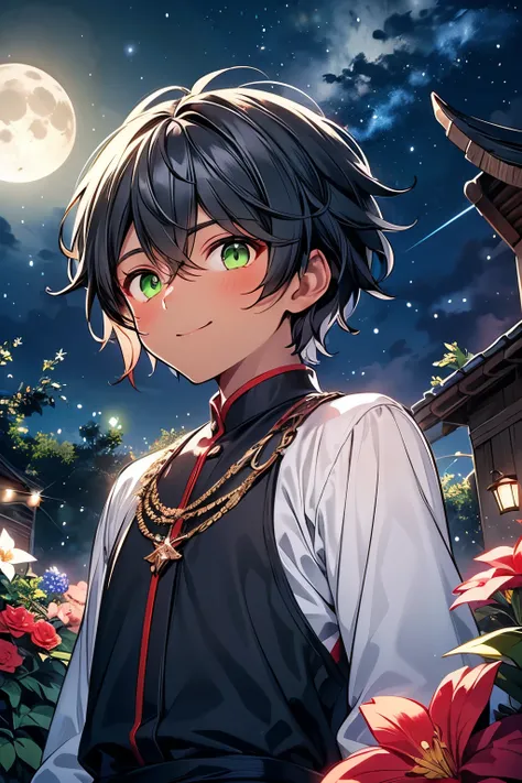 ((male:1.5)),short straight hair, black hair,Glowing green eyes,Bokeh,((dragon:0.65)), ((tooth:1.0)),((Colourful flowers shining in the moonlight々:1.0)),Shy smile,((Fantastic World 0 .85)),((dark skin body:1.1)),(upper body:1.1),