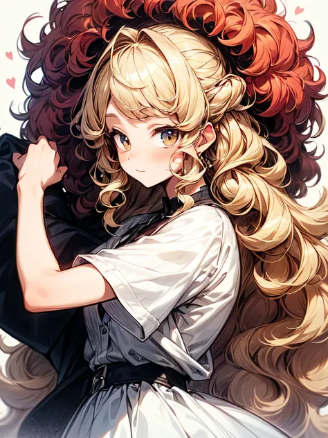 sideview,(looking at viewer:1.3),Alone,16years old,upperbody,adult woman face,(blonde Frizzy curly hair),blonde Frizzy curly bangs,(Swedish girl),crimson red flared dress,dancing pose:1.2,fun,best quality, top quality, best quality, (manga style),(sketch),...