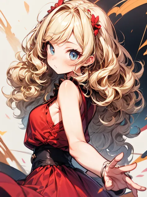 sideview,(looking at viewer:1.3),Alone,16years old,upperbody,adult woman face,(blonde Frizzy curly hair),blonde Frizzy curly bangs,(Swedish girl),crimson red flared dress,dancing pose:1.2,fun,best quality, top quality, best quality, (manga style),(sketch),...