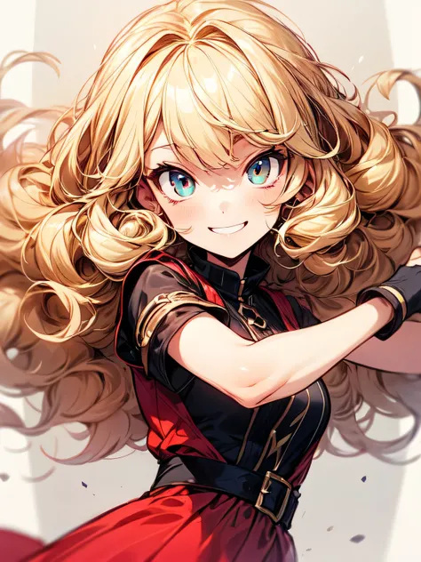 dutch angle,(looking at viewer:1.3),Alone,16years old,upperbody,adult woman face,(blonde Frizzy curly hair),blonde Frizzy curly bangs,(Swedish girl),crimson red flared dress,dancing pose:1.2,fun smile,best quality, top quality, best quality, (manga style),...