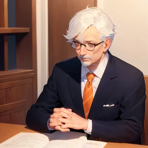 raising hand, , masterpiece, high quality, (60 year old man:1.5) and (short white hair) and (orange eyes), (suit) and (blue tie), (worried:1.3), alone, sitting in the office room,
