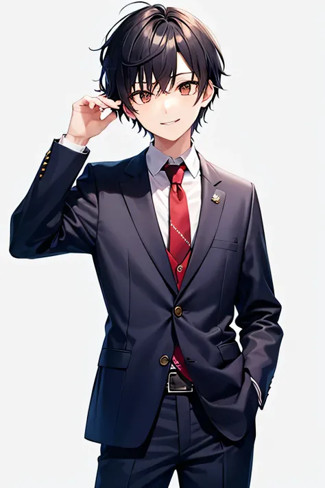  high school boy、 Black Hair Short Hair 、Has brown eyes、I'm wearing a red tie、smile、 I'm putting my hand in my pocket、 wearing a dark blue blazer
