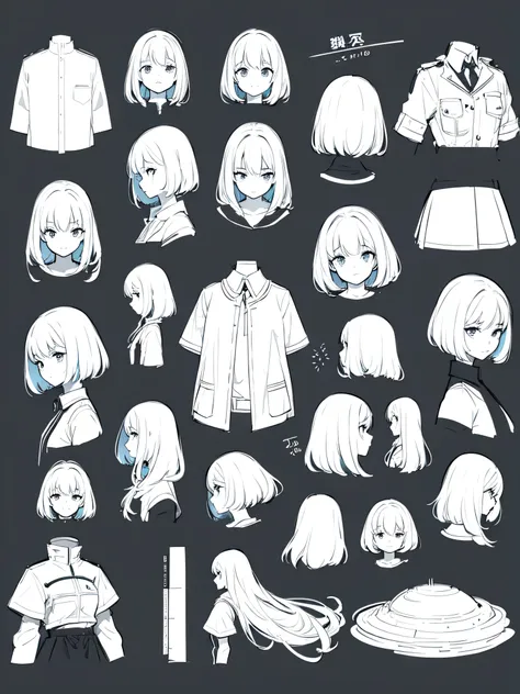 sketch (Character design sheet, same characters, whole body, Three-View, Front , ~ ~ ~ ~ side, return),(Very bright:1.1), White Background, [1 girl:7], (Tilt your head:1.2), ([sketch|watercolor \(Moderate\)]:1.15),Chaotic Abstraction-style background, Vect...