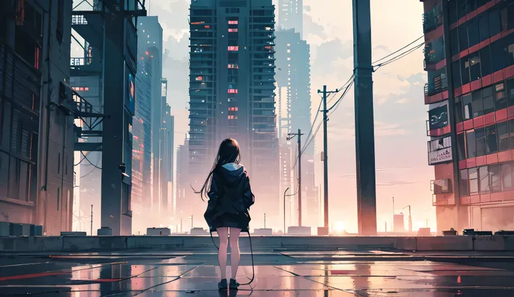 ((best quality)), ((masterpiece)), (detailed), A melancholic nighttime cityscape with neon reflections shimmering on wet pavement. A young woman with long black hair stands with her back to the viewer, gazing at the glowing skyline. She wears an oversized ...