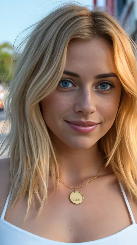 A hyper-realistic close-up portrait of a stunning 26-year-old Australian woman with voluminous sun-kissed blonde hair styled in loose beachy waves. She has deep blue-green eyes, naturally arched brows, full sun-kissed lips with a peachy nude gloss, and a l...