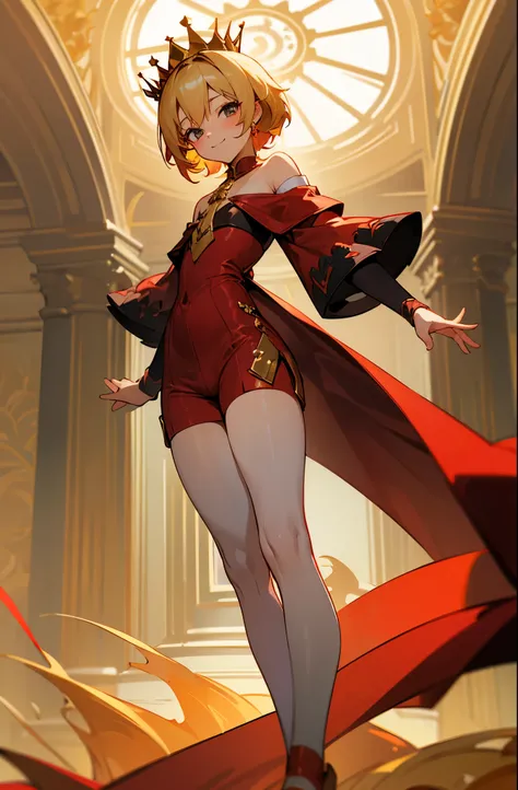 king，crown，Golden crown，Red Dress，Red Dress with golden floral pattern，Red tie，Long red tie，Red Cape， Red Waistcoat with White Plush Trim ，Red sleeves，Red sleeves with golden floral pattern，boy ，Shota，Flat chest，Flat chest，no breast，Crossdressing king，femb...