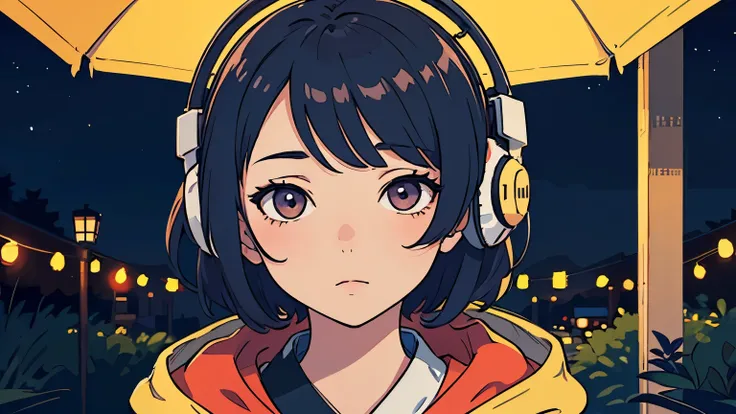 Lofi , girl, illust, Japanese  , headphone, bold color scheme , short hair, stylish, night, relaxing , no kanji , no text, Masterpiece, Best quality, Highly detailed, Ultra-fine painting, Sharp focus, Extreme detail description, Vivid Colors, Bokeh, perfec...