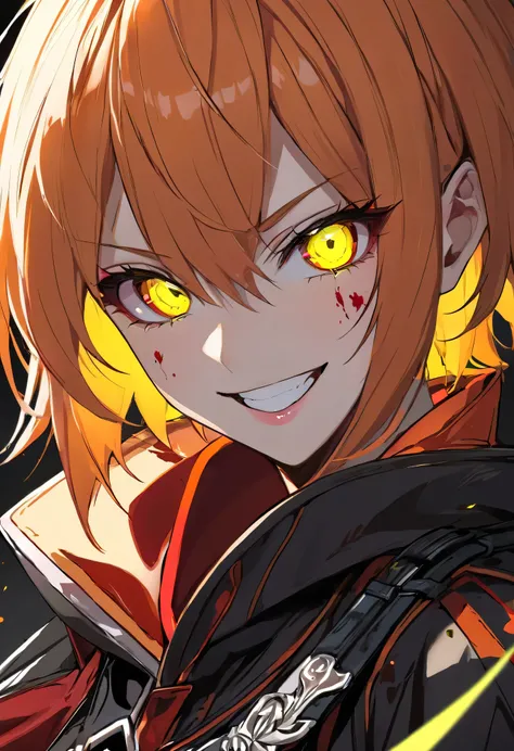  adult woman,  short orange hair and neon yellow eyes 、A strong smile、 face close-up、Assassin&#39;s Outfit、 knife that makes blood fly
