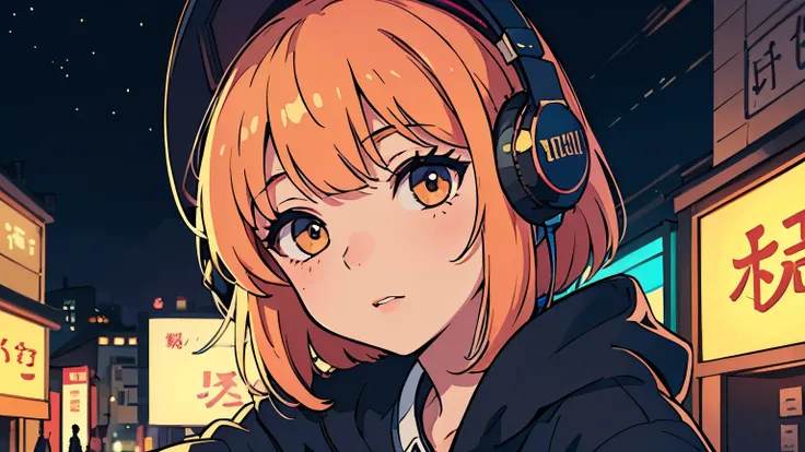 Lofi , girl, illust, Japanese  , headphone, bold color scheme , short hair, stylish, night, relaxing , no kanji , no text, Masterpiece, Best quality, Highly detailed, Ultra-fine painting, Sharp focus, Extreme detail description, Vivid Colors, Bokeh, perfec...