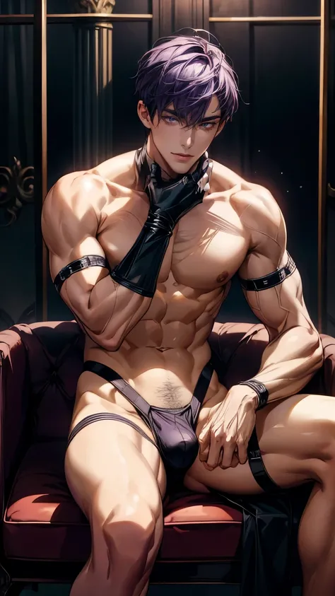 (One beautiful handsome man), (purple short hair), well-focused beautiful eyes, Beautiful double eyelids, pointy nose, glowing skin, muscle, bondage strap outfit, bulge between the legs, lascivious smile, Sit with your knees up, BDSM room, Digital painting...