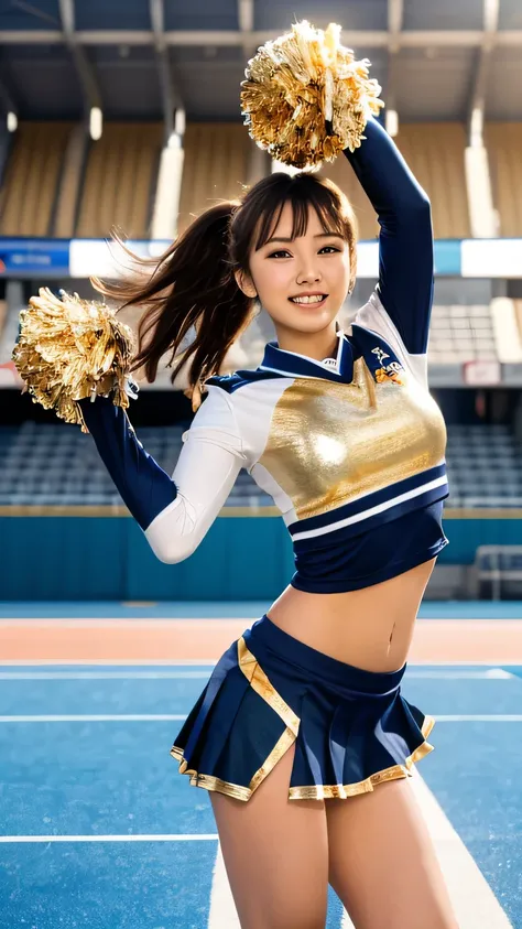 one girl, ((Highest quality)), ((masterpiece)), (detailed), (( very detailed face)), High resolution photograph, (realistic photo shoot:1.1), Dancing, small breasts, Thin legs, cheerleader uniform, skirt, 6 Pack Abs, tilting your head, Open your arms, from...