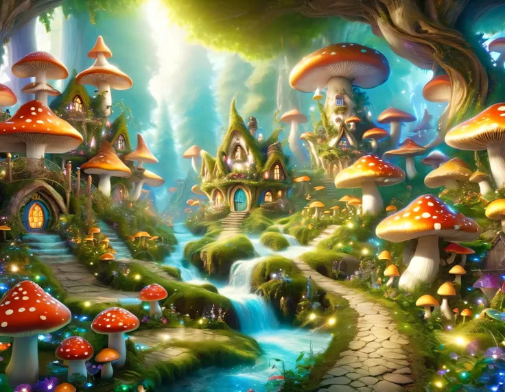 Picture of a fairy village with lots of mushrooms, Arthur Pan smiles like a fairy queen ,  Shutterstock ,  fantasy art, magic  fantasy very detailed,  Fairy Kingdom Forest , Fairy Palace , Magical fantasy forest, Magic Fairyland, A beautiful and meticulous...