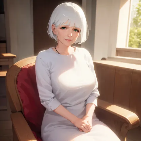 Realistic, real person, RAW photo, photorealistic, portrait photography, shiny skin, white hair, bobcut hair with bangs, green eyes, (60-year-old grandmother), wearing a white blouse, smile, alone, sitting on rocking chair, inside the living room,
