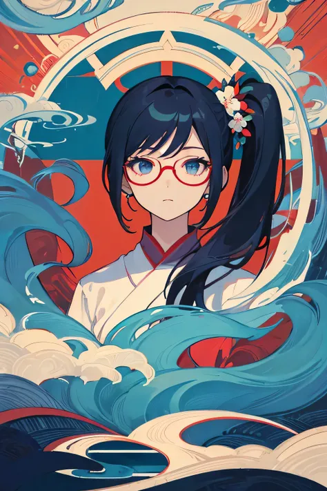 The image features a stylized graphic full body of a woman. The anime art style, characterized by exaggerated facial features and a cartoon-like depiction. The woman has dark blue hair styled into a side ponytail. She wears glasses, which are a common acce...