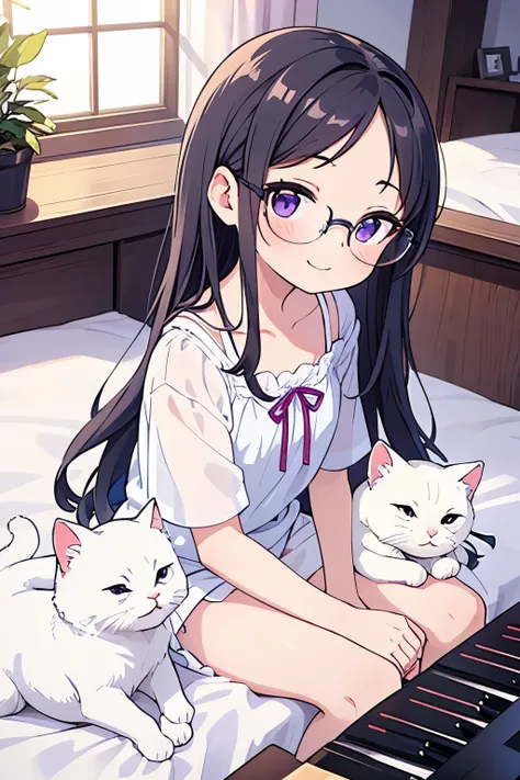   elementary school toddler flat chest black hair straight long hair bangs 7：3 splits （（ forehead is sticking out in front of the piano））  purple eyes round glasses 　smile（（One person）） white blouse　 Light blue miniskirt 　white s panties 　 barefoot　（（ whit...