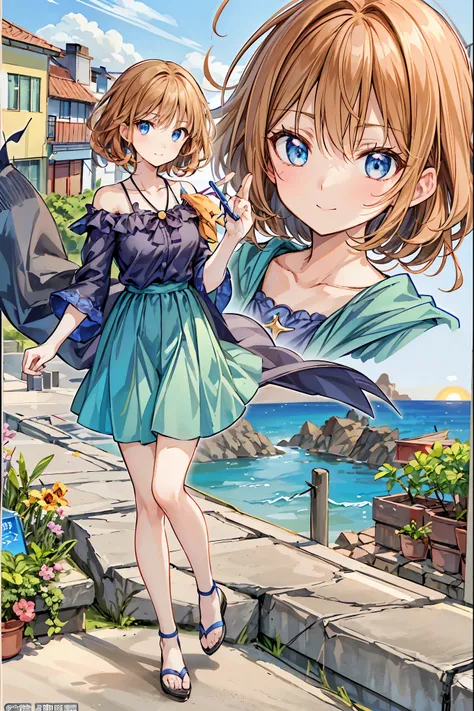 Yo Watanabe, Yu Watanabe,  brown hair， shortcuts， messy hair， short braided hair， Neat ， slender beauty ，Dignified posture， small breasts， beautiful feet， her charming grayish blue eyes shine like stars， vibrant colors, beautiful eyes,A delicate smile, tex...