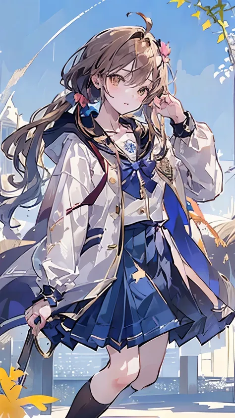 `(Anime character design:1.4), chestnut brown wavy hair (half ponytail with blue ribbon:1.3), amber eyes glowing golden in sunlight, flame-shaped birthmark on collarbone, jade pendant necklace (vintage patina:1.2)``[Uniform] light gray tailored blazer (gol...