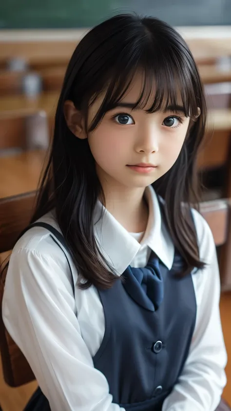 Imagine a charming illustration in the style of Loundraw, Depicts a beautiful schoolgirl. She is wearing a classic school uniform, With a fitted skirt and a perfectly lined shirt. Her long black hair, With soft bangs, Falling gracefully over her shoulders....