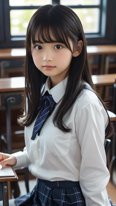 Imagine a charming illustration in the style of Loundraw, Depicts a beautiful schoolgirl. She is wearing a classic school uniform, With a fitted skirt and a perfectly lined shirt. Her long black hair, With soft bangs, Falling gracefully over her shoulders....