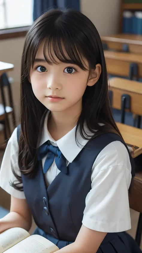 Imagine a charming illustration in the style of Loundraw, Depicts a beautiful schoolgirl. She is wearing a classic school uniform, With a fitted skirt and a perfectly lined shirt. Her long black hair, With soft bangs, Falling gracefully over her shoulders....
