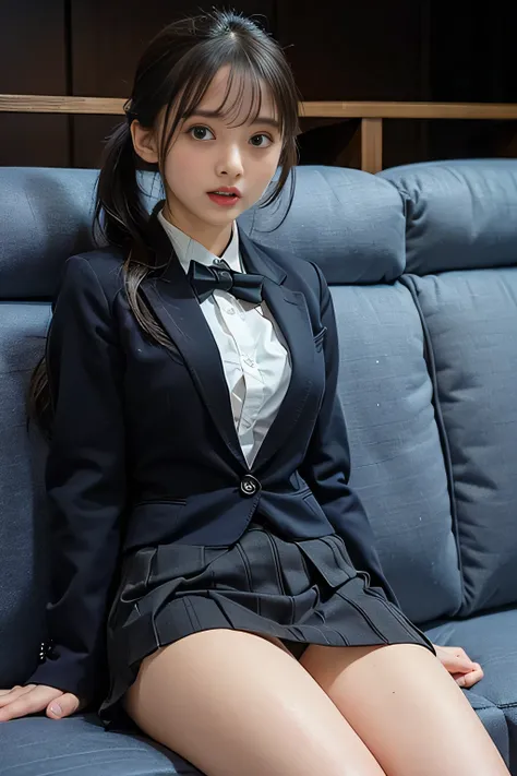 ((masterpiece:1.4))、((   I'm wearing a black tight skirt   :1.4))、((   sit on the couch:1.4))、 ((    full body shot  :1.4))、((     full body shot   :1.5))、((  shooting from below :1.45))、((   high school girl  :1.4))、   INNOCENT EXPRESSION  、((Ponytail Hai...