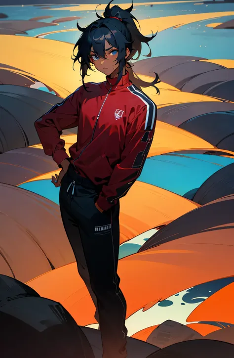 Young male, dark skin, black hair, messy hair, long hair, hair with ponytail, dark blue eyes, red long-sleeved high-neck blouse, black sweatpants with red details, on a mountain at night
