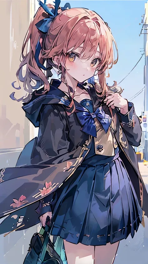 `(Anime character design:1.4), chestnut brown wavy hair (half ponytail with blue ribbon:1.3), amber eyes glowing golden in sunlight, flame-shaped birthmark on collarbone, jade pendant necklace (vintage patina:1.2)``[Uniform] light gray tailored blazer (gol...