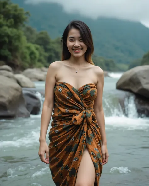 pretty girl in a salon dress in a sexy pose, big smile , happy , cinematic effects depth of field , ((whole body)) facing the audience , close-up , Mountain々tall , fog深い , fog , woman standing on a waterfall , No pants , wet close ...