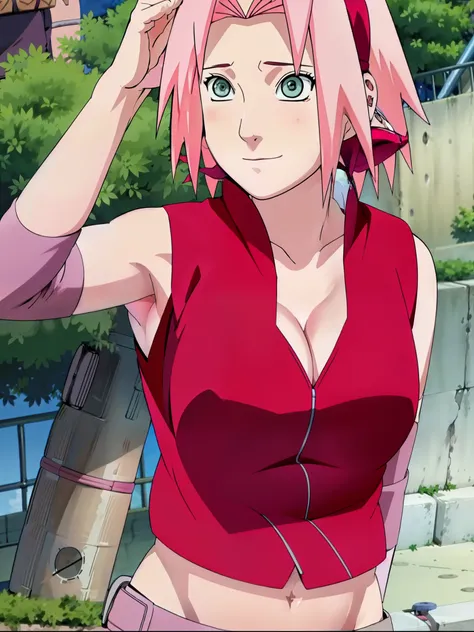 Sakura haruno,(((showing belly by lifting her top))),((belly visible))),sexy,(sexy armpits),(((((cleavage))))), ((showing  breasts)) , ((breasts visible)), front view 