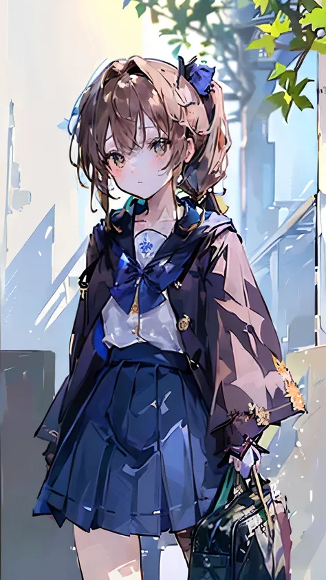 `(Anime character design:1.4), chestnut brown wavy hair (half ponytail with blue ribbon:1.3), amber eyes glowing golden in sunlight, flame-shaped birthmark on collarbone, jade pendant necklace (vintage patina:1.2)``[Uniform] light gray tailored blazer (gol...