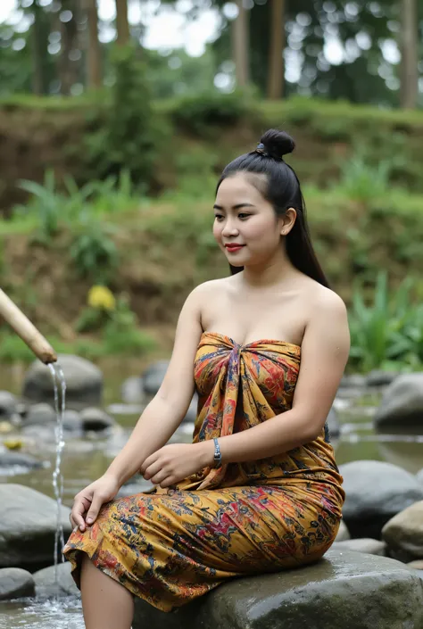 beautiful indonesian woman , bundled hair , batik tube dress , sitting on a flat stone doing laundry, water is coming out of a bamboo pipe , rural river in the background , watches viewers , natural light, realistic pictures , wide angle shot...