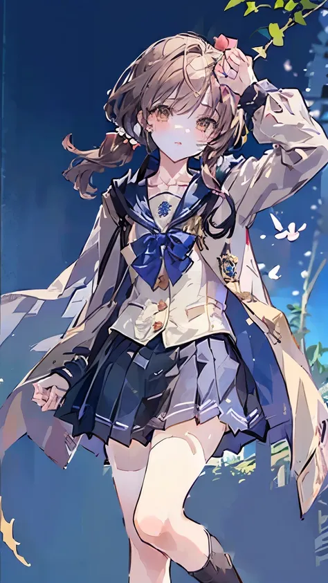 `(Anime character design:1.4), chestnut brown wavy hair (half ponytail with blue ribbon:1.3), amber eyes glowing golden in sunlight, flame-shaped birthmark on collarbone, jade pendant necklace (vintage patina:1.2)``[Uniform] light gray tailored blazer (gol...