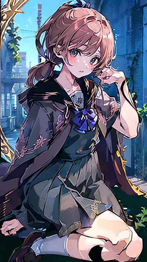 `(Anime character design:1.4), chestnut brown wavy hair (half ponytail with blue ribbon:1.3), amber eyes glowing golden in sunlight, flame-shaped birthmark on collarbone, jade pendant necklace (vintage patina:1.2)``[Uniform] light gray tailored blazer (gol...