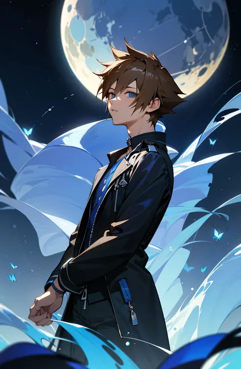 absurdres, highres, ultra-detailed, HDR, master piece, best quality, extremely detailed, Sora, brown hair, expressive blue eyes, Kingdom Hearts, solo, sexy man, handsome, black jacket, fantasy, water, sparkling, blue glittering fireflies, blue moon, blue f...