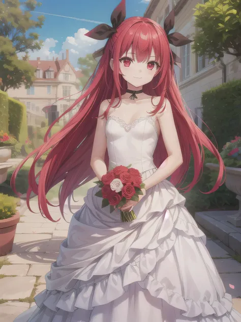 A stunningly beautiful 20-year-old woman standing in the courtyard of a luxurious mansion under a clear blue sky. She is wearing a white and blue wedding dress and holds a red bouquet with both hands in front of her chest. She looks very happy, with a radi...