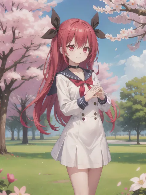 A stunningly beautiful 20-year-old woman standing in a lush green park full of cherry blossoms in full bloom under a clear blue sky. She is wearing a classic sailor uniform and holds a small box wrapped with a ribbon in both hands in front of her chest. Sh...