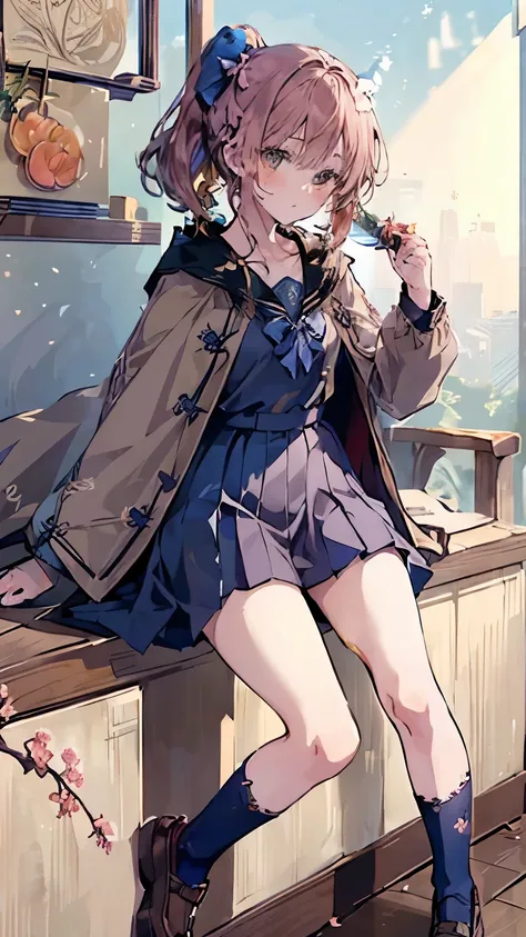 `(Anime character design:1.4), chestnut brown wavy hair (half ponytail with blue ribbon:1.3), amber eyes glowing golden in sunlight, flame-shaped birthmark on collarbone, jade pendant necklace (vintage patina:1.2)``[Uniform] light gray tailored blazer (gol...