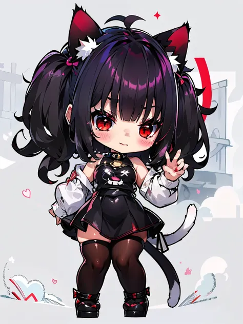 shaded clothing ,  Shiny black hair ,  bright red eyes , cat ears,  Bangs ,  thick contours, Estilo de arte Chibi, Chibi,  Detailed, advanced Estilo de arte Chibi, Chibi,  Detailed,  beautiful Masterpiece ,  highest quality , mayor detalle