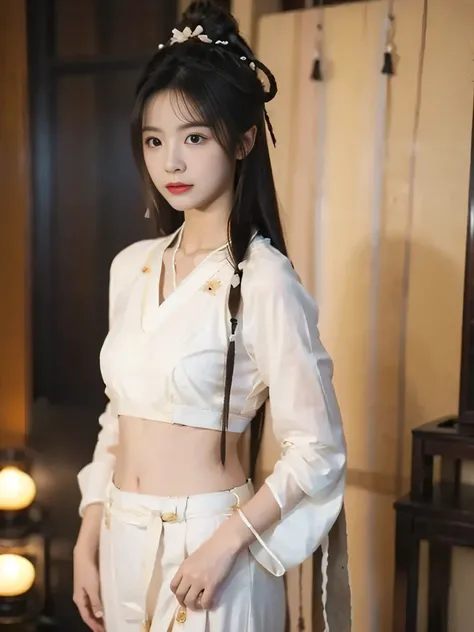  a beautiful girl，Medium-length hair， full breasts ，A beautiful girl with a clear body outline ， has no background，Hanfu