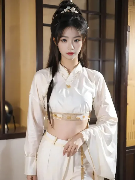  a beautiful girl，Medium-length hair， full breasts ，A beautiful girl with a clear body outline ， has no background，Hanfu