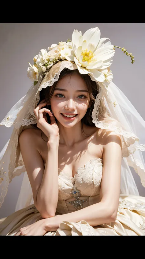 Ultra HD 4K, greatest masterpiece in history,((Detailed Beautiful Skin ,face:1.4)), mature,smile, teeth and laugh,In a wedding dress, Slender Body,