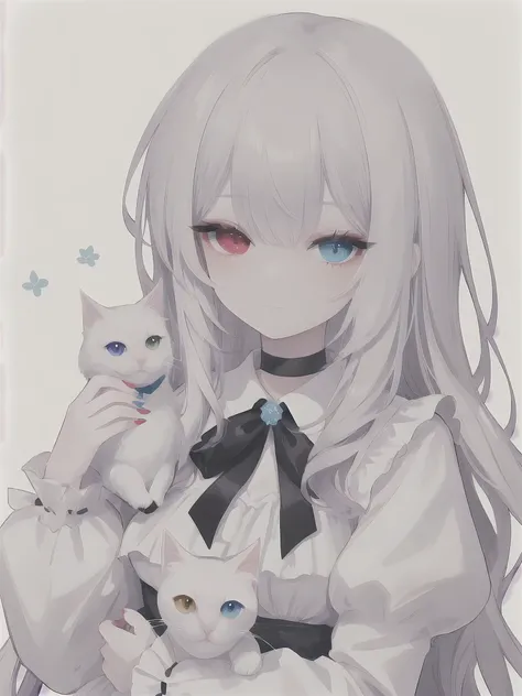  1 girl,  heterochromia , White background, long hair, red nails, blue eyes,  simple background, White cat,  Long Sleeve  ,bangs, upper body,Alone,bow, nail polish, with red eyes, holding cat,Gray Hair, holding animal, puff sleeve that fits inside,black bo...