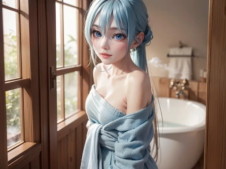 A hyper-realistic, ultra-detailed full-body 3D-rendered image of a **16-year-old Japanese girl named Kanon**. She has **light blue, silky smooth hair styled into twin tails**, with **strands gently dampened by the steam**, sticking slightly to her cheeks. ...