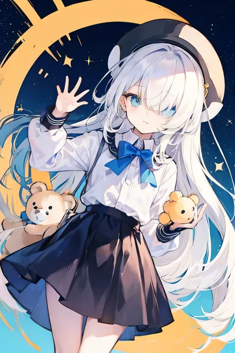 location: Amusement park,  holding a teddy bear,  white hair covering one eye,  have a cute expression , cute pose  , Wear cute clothes  , Wearing a skirt,  light blue eyes, 