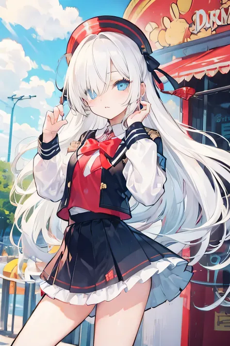 location: Amusement park,  holding a teddy bear,  white hair covering one eye,  have a cute expression , cute pose  , Wear cute clothes  , Wearing a skirt,  light blue eyes, 